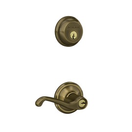 Schlage FB50 V FLA 609 Single Cylinder Deadbolt and Keyed Entry Flair Lever, Antique Brass