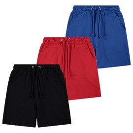 Sezzit Boys’ 3-Pack French Terry Cotton Shorts – Soft Pull-On Activewear Shorts with Drawstring Waist & Pockets – Comfortable Sports & School Lounge Shorts, Blue, Red, Black, 5-6