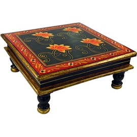 Guru-Shop Painted Small Table, Mini Table, Flower Bench - Water Lily Green/Red, 16 x 38 x 38 cm, Coffee Tables & Floor Table