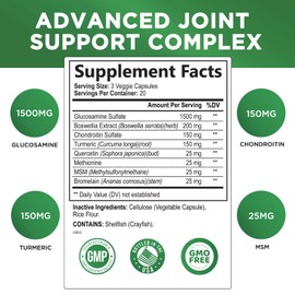 Glucosamine Chondroitin Turmeric Msm Boswellia - Triple Strength Joint Support Glucosamine Sulfate Supplement - Support for Joint Health and Mobility - Includes Quercetin, Bromelain - 60 Capsules