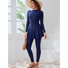 Modest Bathing Suit for Women Long Sleeve One Pieces Swimsuit with Swim Pants Wraps Skirts Muslim Swimsuits for Women Rash Guard Floral Swimming Outfits Muslim Swimwear Navy Blue XL