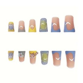 24 Pcs Press on Nails Medium Square,YIHONGYUAN Fake Nails Press ons Nail Tip Acrylic Kit Glue on Nails Full Cover Multi-colored Duck Mouth False Nails with Star Charms Design Stick on Nails for Woman