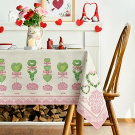 Horaldaily Valentine Tablecloth 60×104 Inch Rectangular, Pink Love Landscape Potted Plant Green Washable Table Cover for Party Picnic Dinner Decor