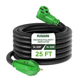 RVGUARD 50 Amp 25 Foot RV/EV Extension Cord with Reverse Polarity Indicator, NEMA 14-50P/R Heavy Duty Extension Cord with Cord Organizer, Green, ETL Listed