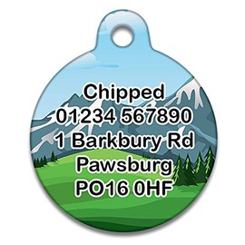 Spoilt Rotten Pets 25mm Pet Tag 'Swiss Alps Mountain Landscape' Pet Identity Tags. Custom Printed with Your Dog or Cats Name & Contact Details.