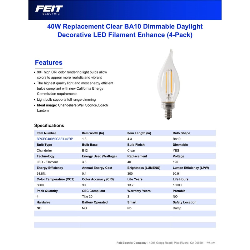 Feit Electric Candelabra LED Light Bulbs, Dimmable, 40W Equivalent, E12