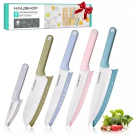 HAUSHOF Kitchen Knife Set 5PC Colorful Kitchen Knives w/Sheaths Non-Stick Coated