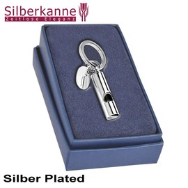 SILBERKANNE Key Ring Whistle 8 x 2 x 1 cm with Engraving Plate Silver Plated in Premium Workmanship, silver