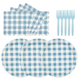 KFJBPB 75 Pcs Blue Gingham Paper Plates and Napkins Party Supplies, Disposable Checkered Plates Napkins Plaid Party Decor for Baby & Bridal Shower Wedding Birthday Serves 25 (Blue)