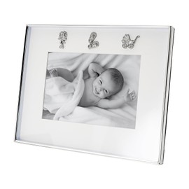 Happy Homewares Modern Baby Picture Frame in Silver Plating with Pram Booties and Rattle Icons with Clear Diamante Crystals | 5x7 Photograph
