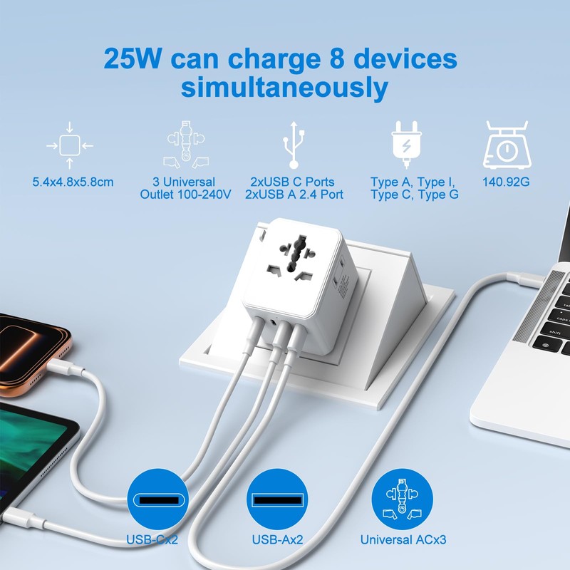 Universal Travel Adapter 25W, International Power Plug Converter with 2500W