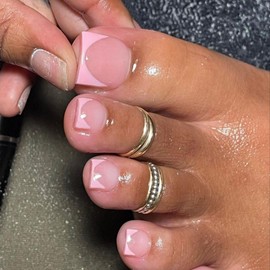 Pink French Tip Press on Toenails Short Square, KQueenest Glossy Fake Toe nails Acrylic Full Cover Natural Nude Toe Press on Nails for Women Daily Beach Wear in 24 Pcs