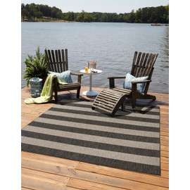 Unique Loom Outdoor Striped Collection Area Rug - Distressed Stripe (10' Square Charcoal Gray/Ivory)