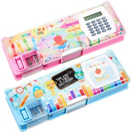 Henoyso 2 Pcs Multifunctional Pencil Box for Girls Plastic Cute Pencil Case with Calculator and Sharpener Pen Pouch Gifts(Book, Schoolbag)