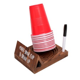 Wooden Brown Party Cup Holder with Marker Slot | Mark Your Cup and Drink Up Cup Holder |Hosting Party Essentials |Disposable Mug Dispenser for Birthday, BBQ, Holiday Events,Housewarming Gift (Brown)