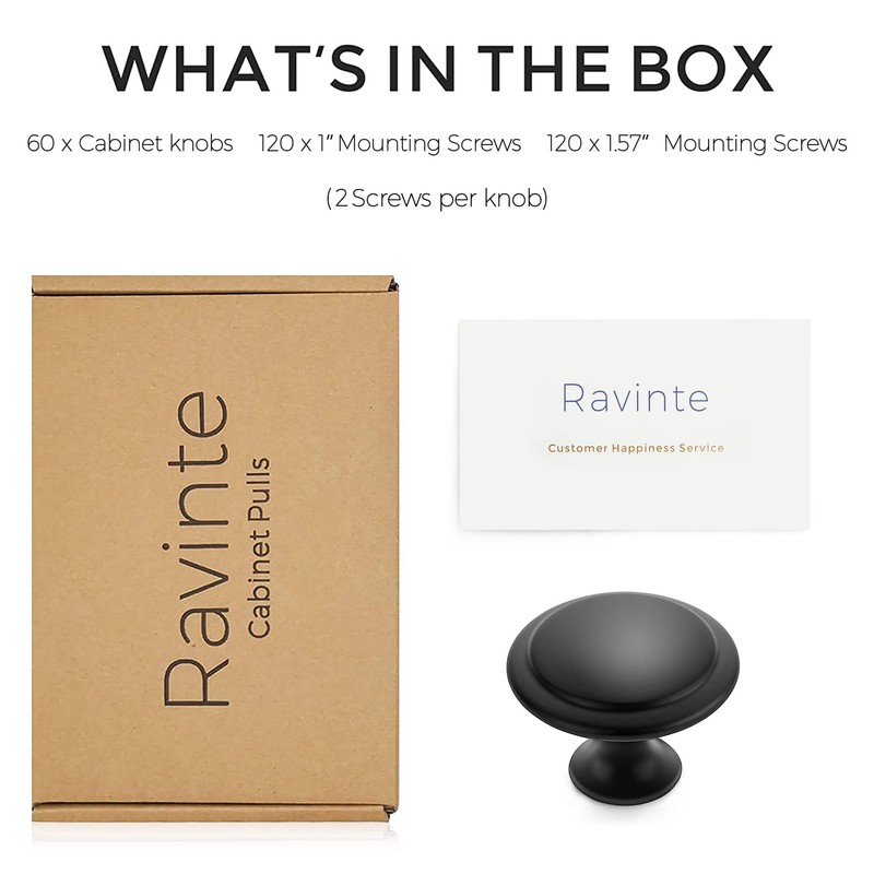 Ravinte 60 Pack Matte Black Kitchen Cabinet Knobs 1-1/4 Inch