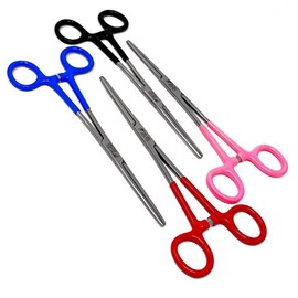 Set of 4 Assorted Color Vinyl Grip Handle German Stainless Straight Hemostat Forceps Pliers Full Serrated 8"