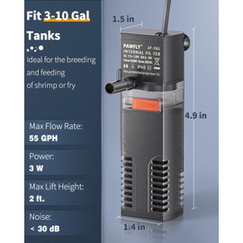 Pawfly Internal Aquarium Filter, Submersible Power Filter with 55 GPH Water Pump for 3 to 10 Gallon Fish Tanks Filtration Circulation and Oxygenation