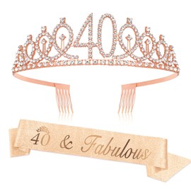 LSVGSAK 40th Birthday Decorations Women, Rose Gold Birthday Tiara & Sash Set, 40 & Fabulous Party Favors Accessories for Women