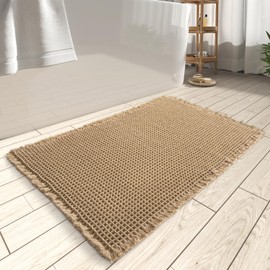 AMOAMI Upgraded Waffle Bath Mat, Super Absorbent Non Slip Bath Mats for Bathroom Floor, Machine Washable Bathroom Rugs with Tassels, Rubber Backed Bathroom Mats, Ultra Soft, 17" x 24", Brown
