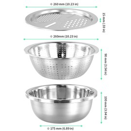 FUNSUEI Set of 3 Stainless Steel Pasta Strainers, Bowl with Grater and Strainer, Kitchen Strainer, Salad Strainer, Stainless Steel, Rice Washing Bowl for Vegetables, Fruits, Pasta, Rice