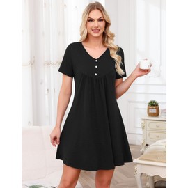 Crewhpo Women's Nightdress Short Sleeve Nightgown V Neck Nightshirt Comfy Nighties Cotton Sleepwear Loungewear Black