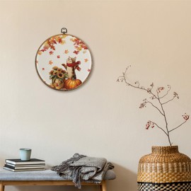 Sufamb Fall Thanksgiving Cat Round Wall Art Decor, Rustic Country Autumn Pumpkin Maple Leaf Floral Canvas Artwork Framed, Fall Cat Wall Hanging Prints Decorations for Home Bedroom Decor, 10x10 Inches