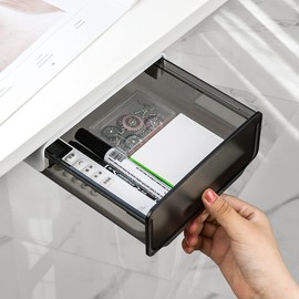 yuntop 1 Pcs Under Desk Drawer, Under Table Hidden Organizer, Plastic Self-adhesive Slide out Under Desk Storage Drawer for Office Dresser Home School Stationery Kitchen (Black)