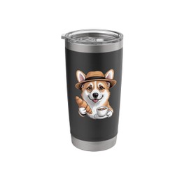 Cute Corgi with Straw Hat Croissant & Coffee Funny Dog Meme Stainless Steel Insulated Tumbler