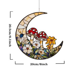MIDEFINCH Acrylic Stained Glass Style Moon Mushroom Window Hanging, Lightweight Faux Stained Glass Suncatcher for Home Decor, Mushroom Wall Decoration, Ideal for Windows and Sunlit Spaces 8" x 8"