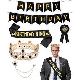 WOJVVK 5pcs King Birthday Decorations Set, Birthday King Sash and Crown for Men