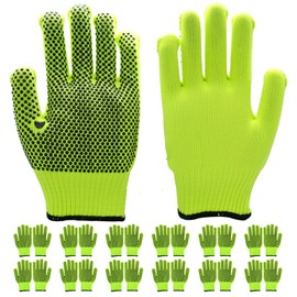 12 pares de guantes de trabajo de algodón de alta visibilidad con puntos antideslizantes para hombres y mujeres, guantes de agarre de punto de algodón