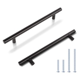 KNOBWELL 5 Pack 6-3/10 Inch Matte Black Kitchen Cabinet Handles Cabinet Pulls, Round T Bar Cupboard Handles Dresser Pulls, Bathroom Cabinet Handles Stainless Steel