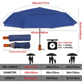 Satol Large Compact Golf Umbrella for Rain, Windproof 10 Ribs Double Canopy Vented Automatic Open & Close Travel Umbrella with Reflective Strips, Waterproof UV Protection Umbrella for Men and Women