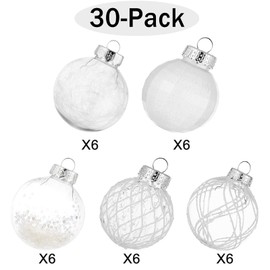 30ct Christmas Ball Ornaments-60mm/2.36" Shatterproof Clear Plastic Xmas Balls Baubles Set with Stuffed Delicate Sparkling, Hanging Christmas Tree Decorations (White)