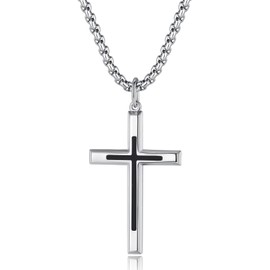 FANCIME White Gold Plated 925 Solid Sterling Silver Polished Big Beveled Edge Men's Crucifix Black Cross Pendant Long Necklace Fine Jewellery For Men Boys, Strong Stainless Steel Box Chain Length