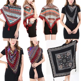 Nuofengkudu Women's Scarf Retro Floral Ethnic Print Large Space Neck Warmer Scarf with Tassel Scarf Cape Wraps 110 x 110 cm, x-color 34