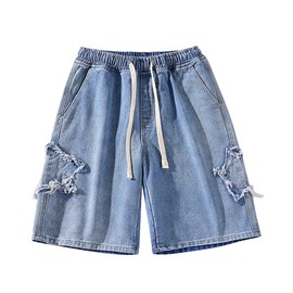FDKLOOK Womens Shorts Star Patchwork Wide Leg High Rise Drawstring Y2k Tomboy Clothes Baggy Jean Shorts L Blue
