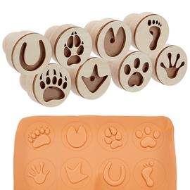 PH PandaHall Set of 8 Wooden Clay Stamp, Round Paw Print Stamp Small Natural Wood Animal Footprint Stamps Clay Pottery Stamps with Handle for DIY Craft Clay and Ceramic, 1.7x1.5inch