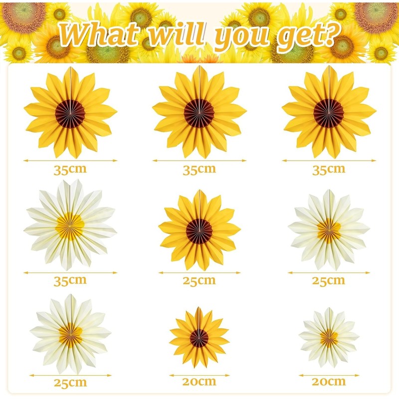 9 PCS Sunflower Paper Fan Decorations Set, Yellow and White