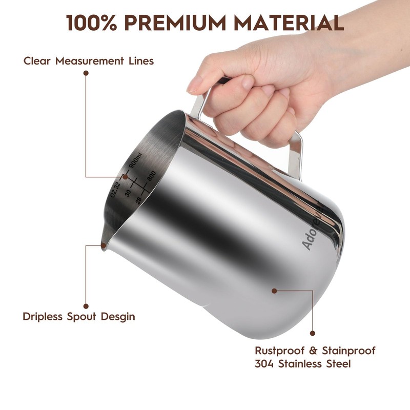 Milk Frothing Pitcher, 32oz Steaming Pitcher Stainless Steel Espresso Machine