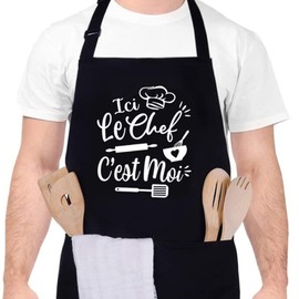 Halinuia Cooking Apron for Men, Ici Le Chef C'est Moi Cooking Aprons Waterproof Adjustable Barbecue Apron with Pockets Idea Father's Day Gift, black