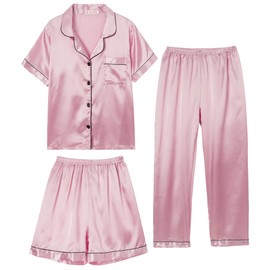 Hupohoi Unisex Girls Boys Kids Pajama Sets Button Down Satin Sleepwear Nighty 3PCS Silky Lounge Sets Nightwear Short Sleeve Long Pants, 3pcs-LightPink, 12