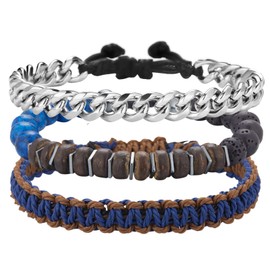 Dazylleco Pack of 3 Pearl Bracelets for Men Natural Stone Bracelet Black Stainless Steel Leather Bracelet Adjustable Jewellery Set Men's Gift Father's Day for Men, Stone, No gemstone