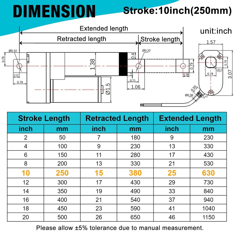 JQDML 10 Inch High Speed 1.34"/sec Linear Actuator 12V 88lbs/400N