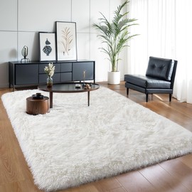 KICHOWUA Thick Area Rug 5x7 Cream White Fluffy Shag for Girl Bedroom,Ultra Soft Plush Fuzzy Washable Thickened Non-Slip Floor Carpet,Modern Furry Shaggy Rug for Living Room Nursery Kids Boy Dorm,Ivory
