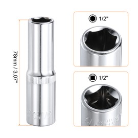 HARFINGTON 6-Point Socket 1/2" Drive by 1/2" SAE 3.07" Length Deep Socket CR-V Square Drive Sockets Mirror Polished Chrome Socket Hand Tool for Car Repair Mechanical Maintenance