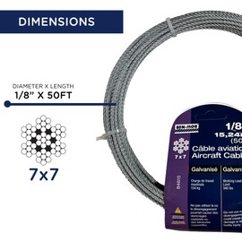 Galvanized Steel Cable for Fencing, Clothesline, Deck Railing, Pulley, Winch Loop – 1/8 in x 50 FT 7X7 Core Flexible Cable Wire Rope for Home and Industrial Use