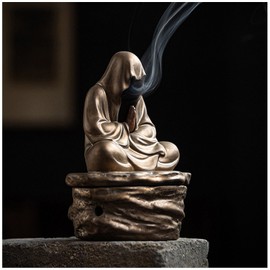 Cacukap Ceramic Zen Incense Holder, Buddah Statue Incense Burner for Cone, Coil, Stick and Palo Santo, Zen Decor for Desk, Mysterious Black Robe Statue Gothic Decor