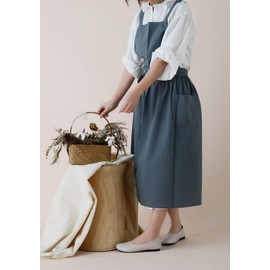 FADUOFA Cotton Linen Apron Japanese Style Waterproof Aprons With Pockets for Kitchen Cafe Flower Shop Smock (Blue)